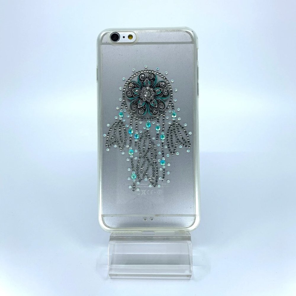 iPhone 6 Plus case. Protective PC TPU material. Silver and turquoise rhinestones